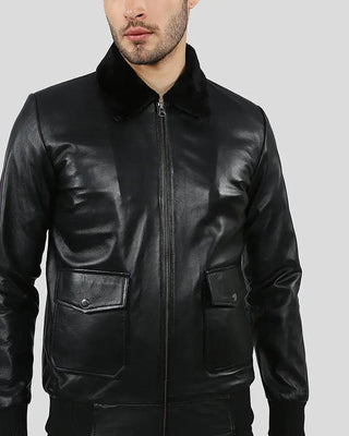 Men's Flynn Black Bomber Leather Jacket – view 5