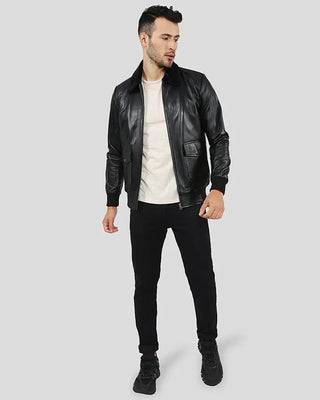 Men's Flynn Black Bomber Leather Jacket – view 4