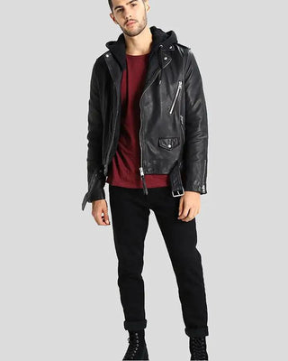 Men's Lupe Black Removable Hooded Leather Jacket