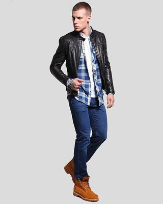 Men's Ferd Black Slim Fit Leather Racer Jacket – view 2