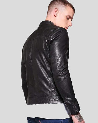 Men's Ferd Black Slim Fit Leather Racer Jacket – view 3