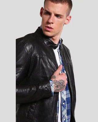 Men's Ferd Black Slim Fit Leather Racer Jacket – view 4