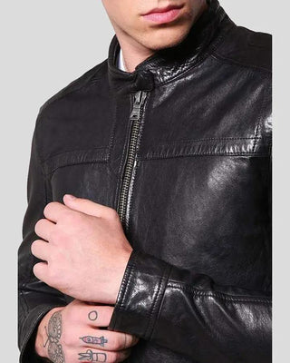 Men's Ferd Black Slim Fit Leather Racer Jacket – view 5