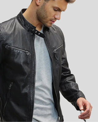 Men's Jose Black Leather Racer Jacket – view 7