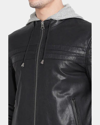 Men's Brice Black Hooded Leather Jacket – view 3