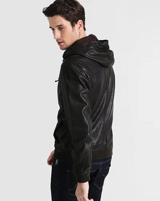 Men's Chet Black Hooded Genuine Leather Jacket – view 2
