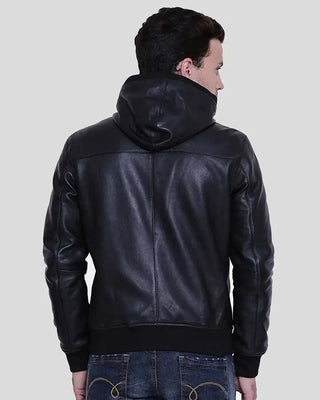 Men's Theo Black Hooded Leather Jacket – view 2