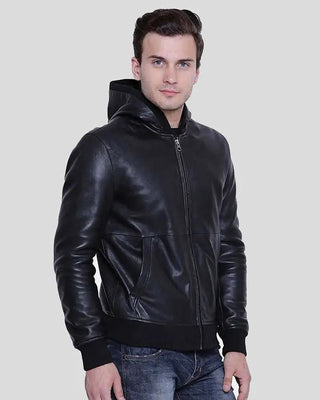 Men's Theo Black Hooded Leather Jacket – view 3