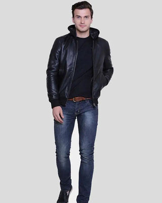 Men's Theo Black Hooded Leather Jacket – view 4