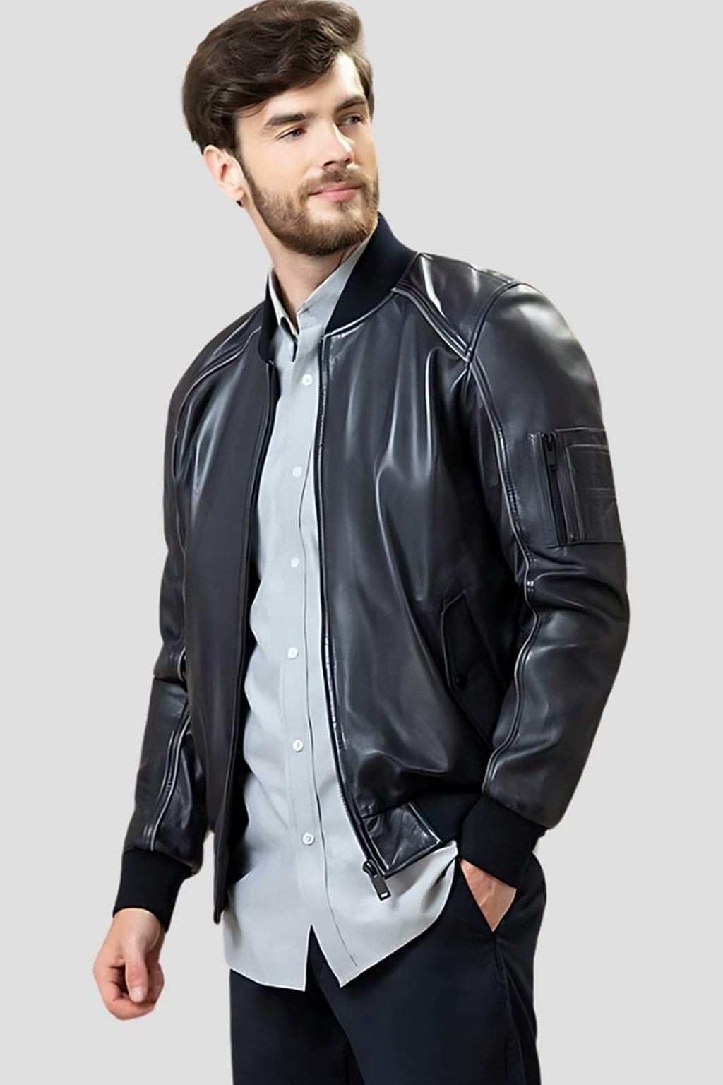Men's Abramo Black Bomber Leather Jacket with Sleeve Pocket – lookbook video