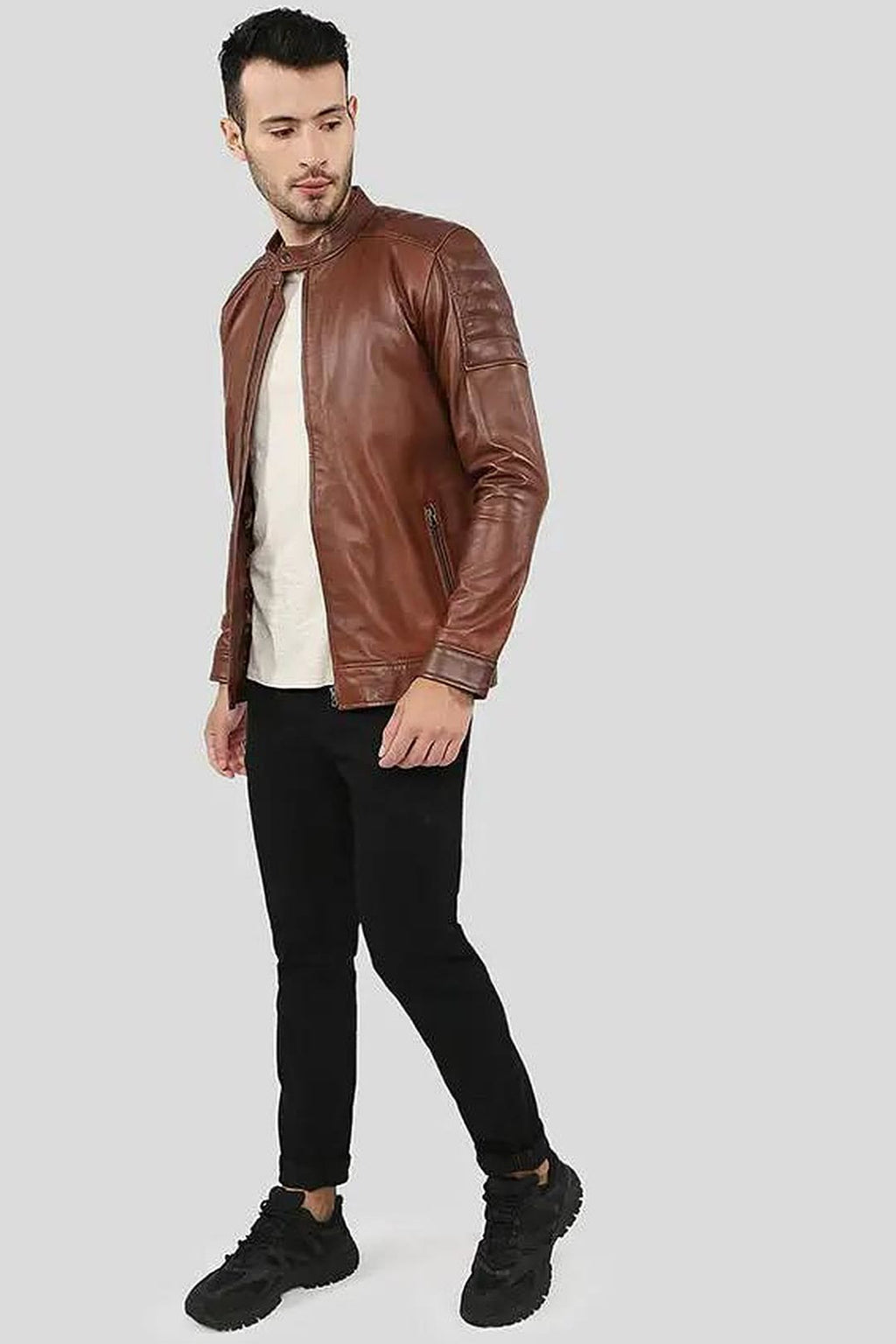 Men's Albie Cognac Brown Quilted Racer Leather Jacket – lookbook video