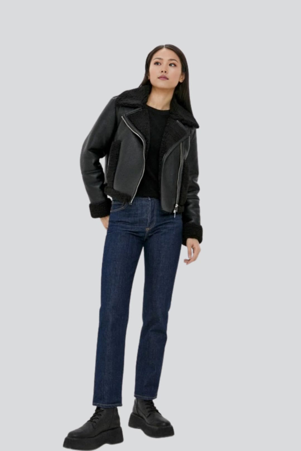 Women's Alivia Black Cropped Shearling Biker Leather Jacket – lookbook video