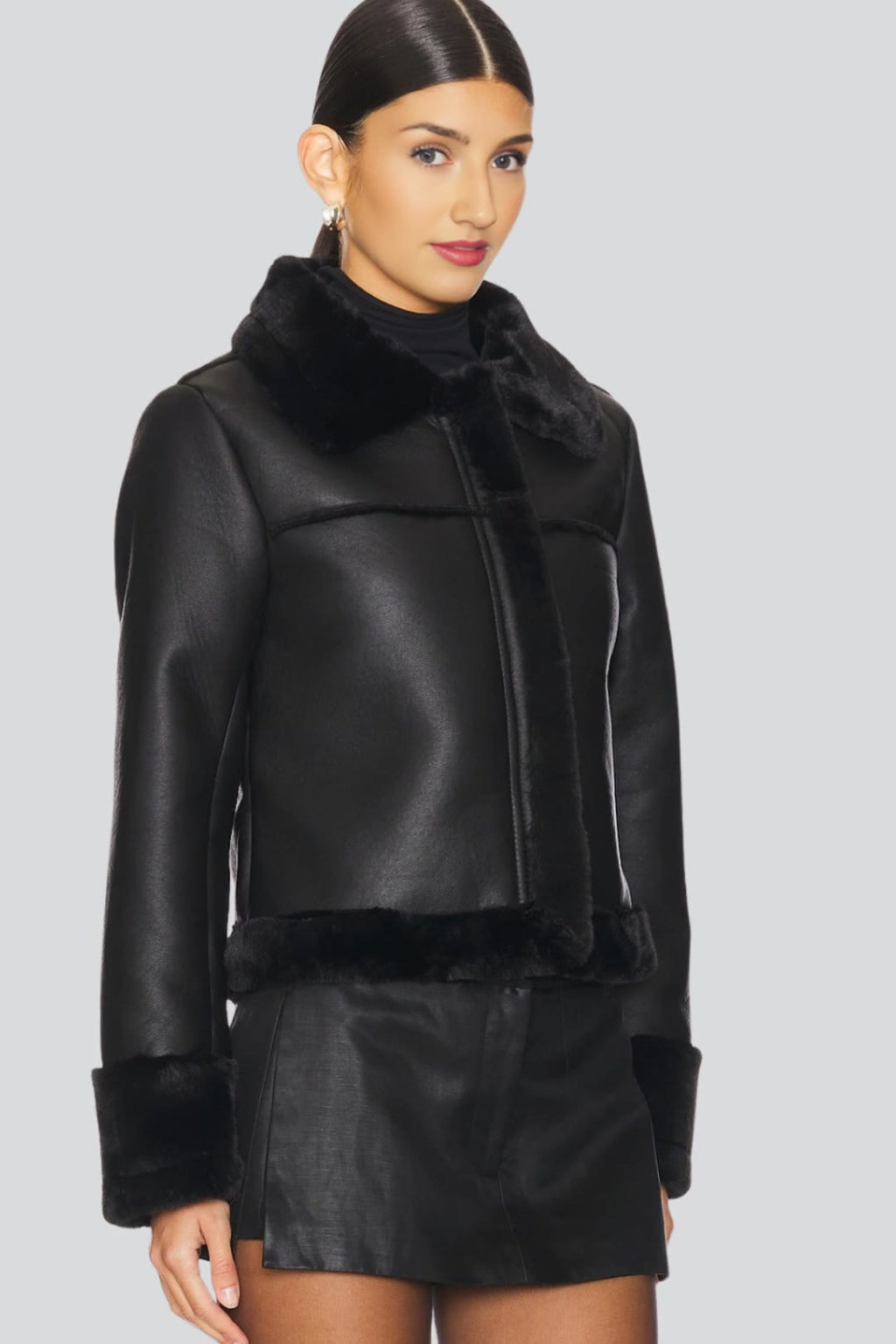 Women's Angela Black Shearling-Trim Cropped Leather Jacket – lookbook video