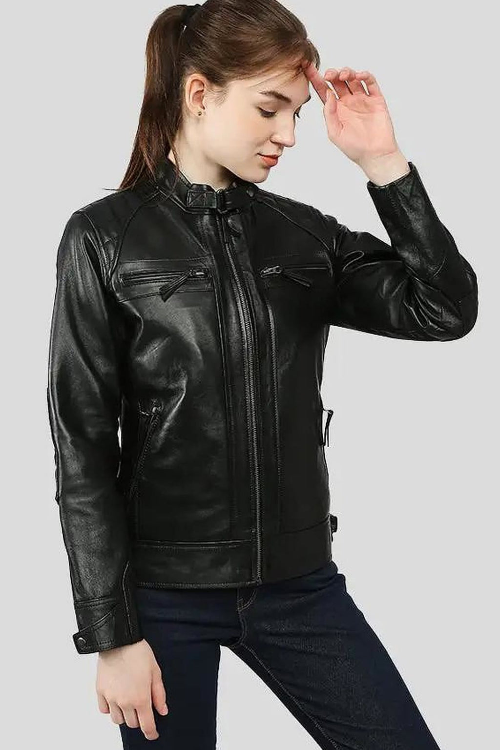 Women's Annalise Black Multi-Pocket Racer Leather Jacket – lookbook video