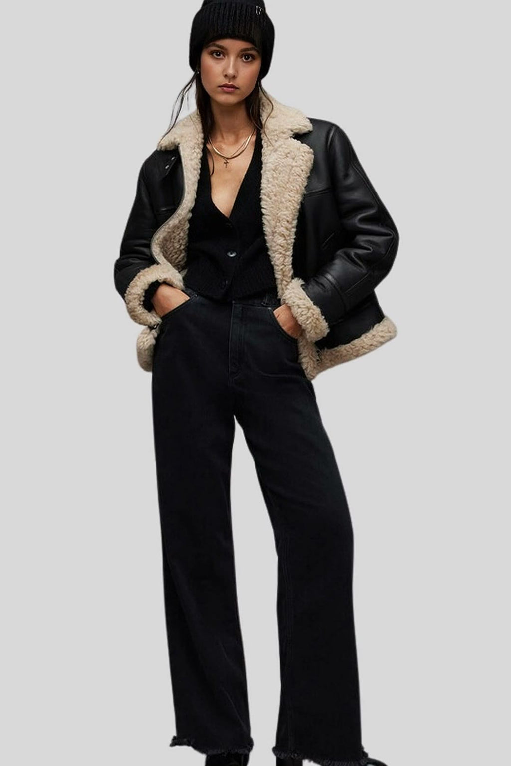 Women's Arctic Chic Black Shearling Flight Leather Jacket – lookbook video