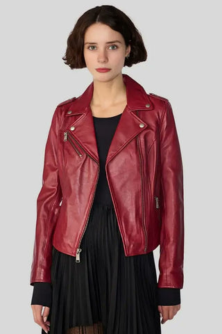 Women's Aria Crimson Red Moto Leather Jacket – lookbook video