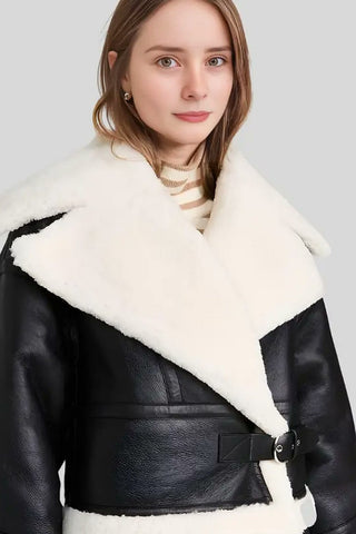 Women's Ariana Black & Ivory Shearling Aviator Leather Jacket – lookbook video