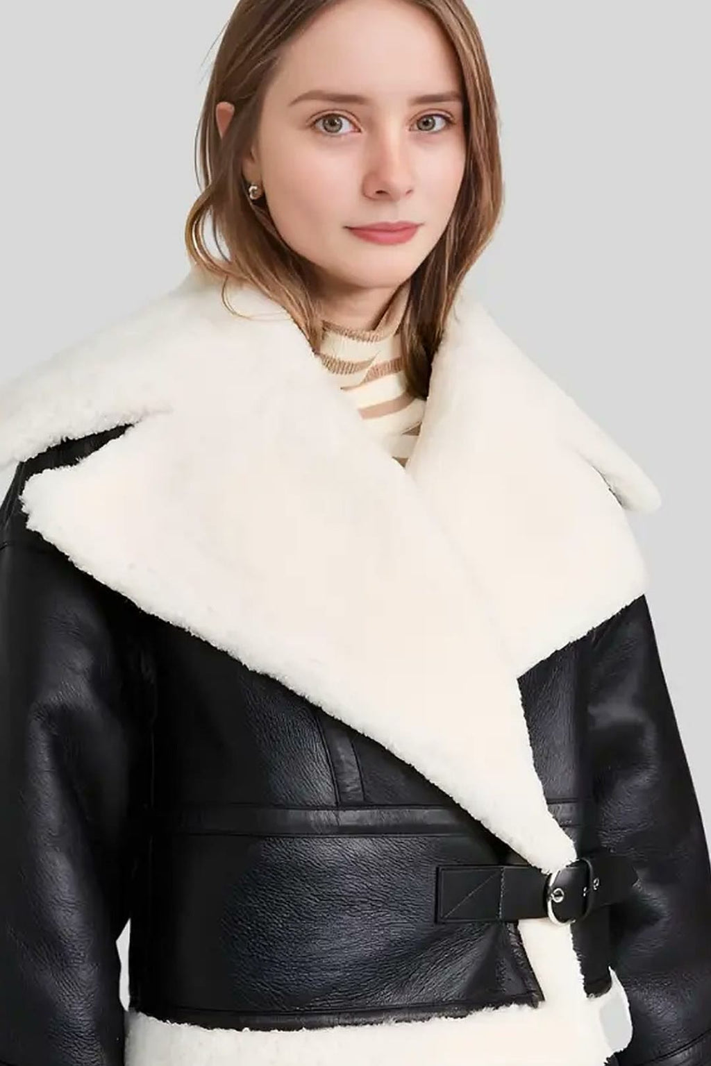 Women's Ariana Black & Ivory Shearling Aviator Leather Jacket – lookbook video