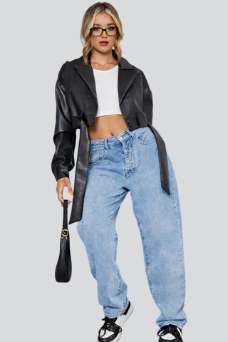 Women's Armella Black Belted Cropped Leather Jacket – lookbook video