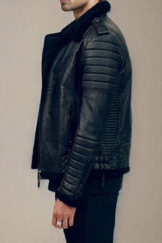 Men's Arsalan Black Shearling-Trim Quilted Moto Leather Jacket – lookbook video