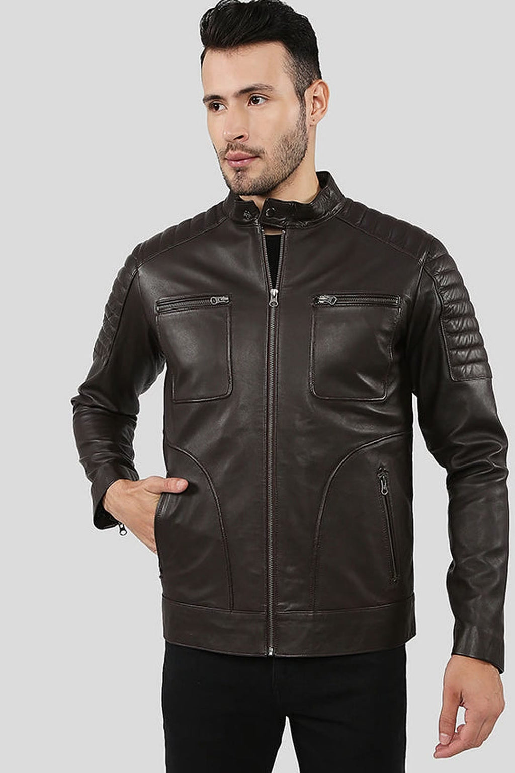 Men's Astro Dark Brown Quilted Racer Leather Jacket – lookbook video