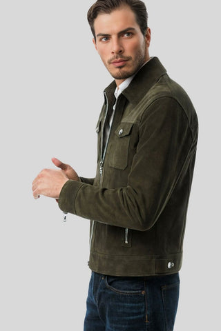 Men's Atlas Olive Green Suede-Style Leather Jacket – lookbook video