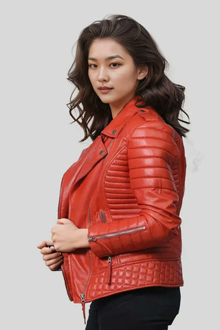 Women's Aurora Bright Red Quilted Biker Leather Jacket – lookbook video