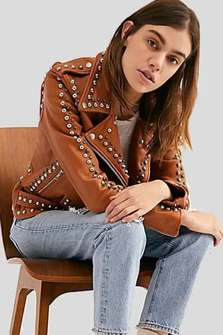 Women's Avail Tan Studded Leather Jacket – lookbook video