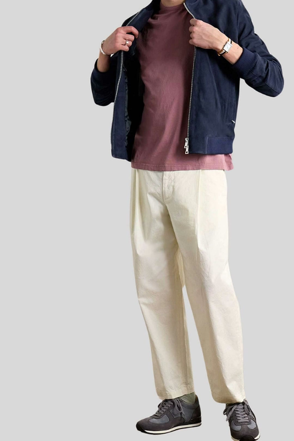 Men's Baris Dark Blue Suede-Style Bomber Leather Jacket – lookbook video
