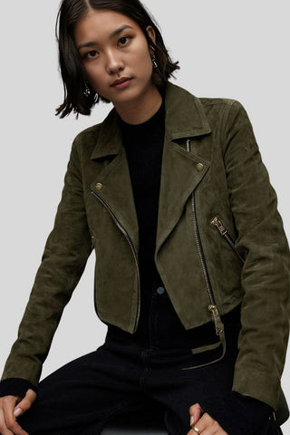 Women's Beyza Olive Green Suede-Style Moto Leather Jacket – lookbook video