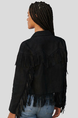 Women's Boho Luxe Fringe Black Suede-Style Leather Jacket – lookbook video