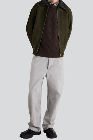 Men's Bradford Olive Suede-Style Bomber Leather Jacket with Woven Collar – lookbook video