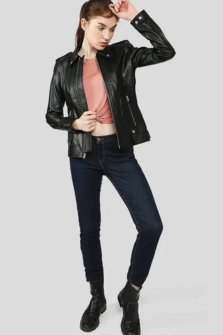 Women's Charmaine Black Racer Leather Jacket – lookbook video