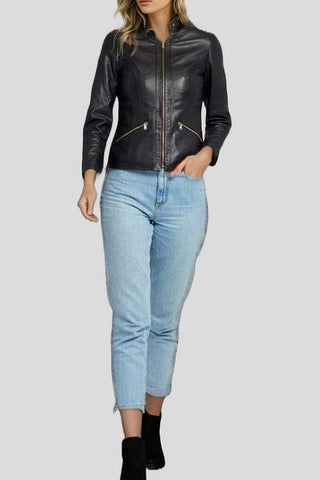 Women's Chic Noir Crew Neck Black Racer Leather Jacket – lookbook video