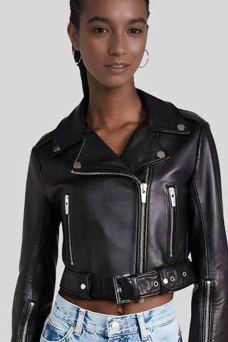 Women's Chic Urbanite Cropped Black Moto Leather Jacket – lookbook video