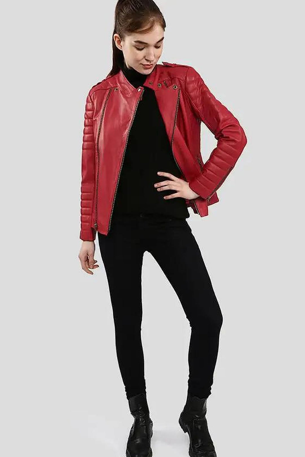 Women's Christabel Red Quilted Moto Leather Jacket – lookbook video