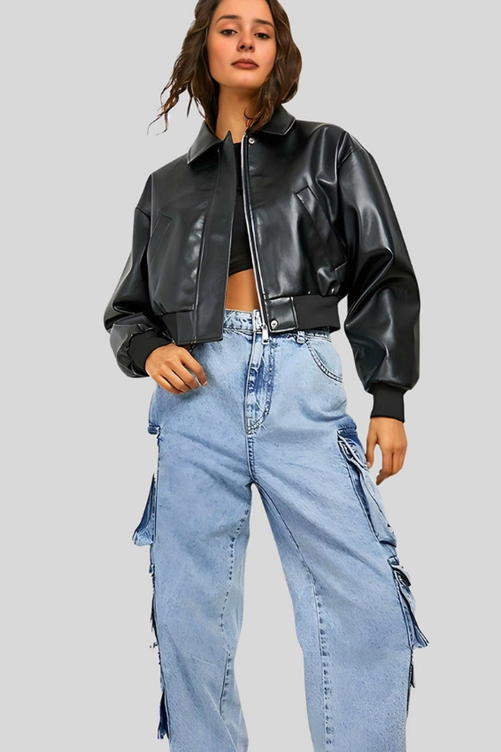 Women's City Sleek Oversized Cropped Black Bomber Leather Jacket – lookbook video