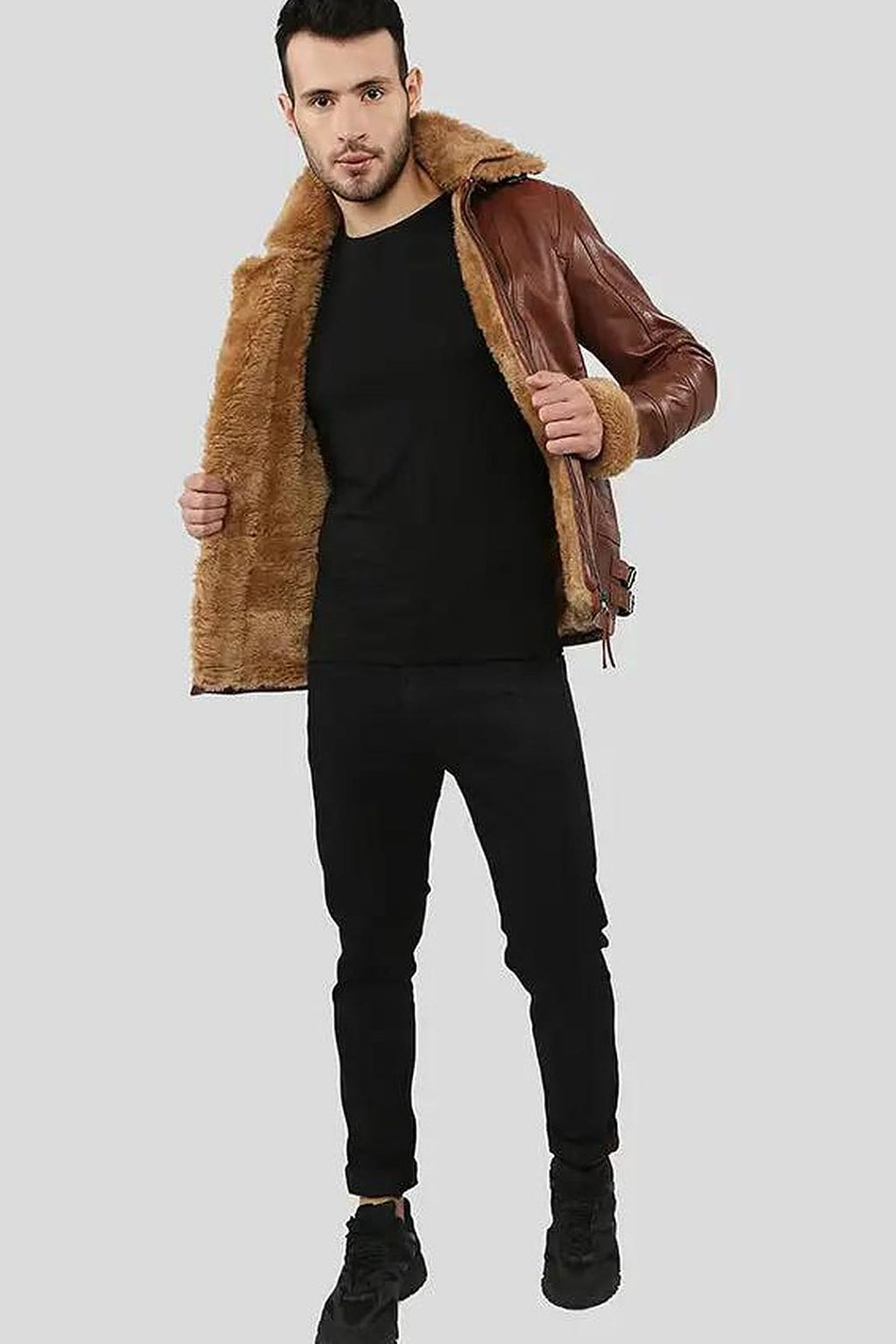 Men's Dalton Brown Aviator Leather Jacket with Shearling Lining and Collar – lookbook video