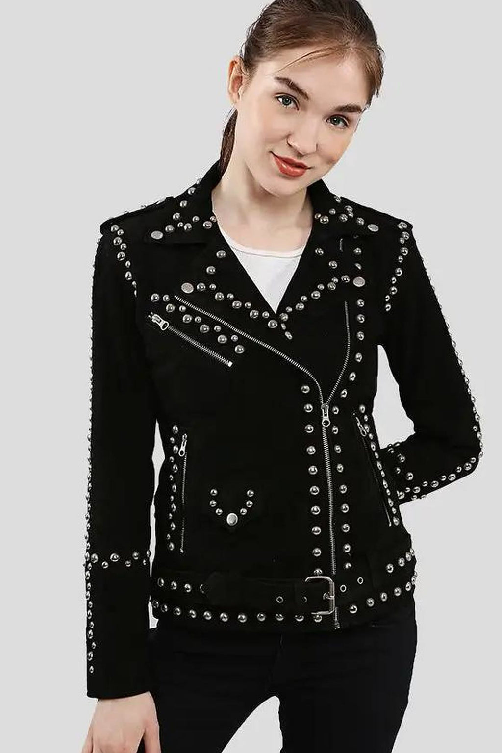 Women's Danica Black Suede-Style Studded Leather Jacket – lookbook video