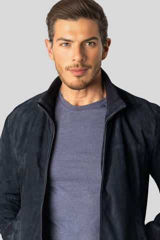 Men's Demir Blue Suede-Style Bomber Leather Jacket – lookbook video