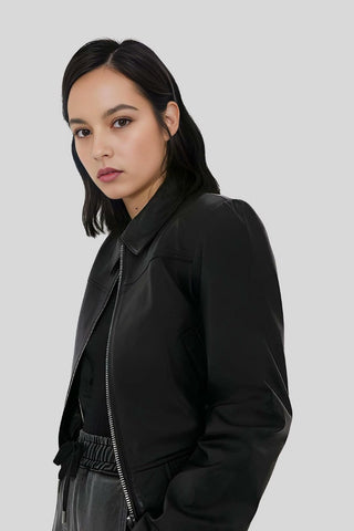 Women's Elegant Noir Black Bomber Leather Jacket – lookbook video