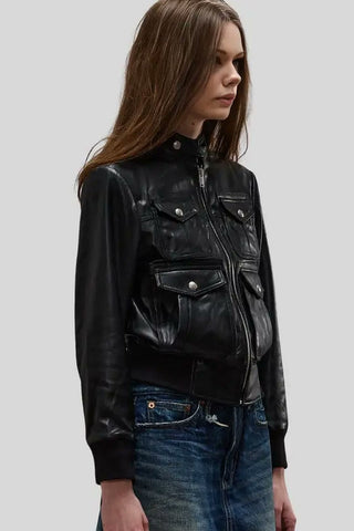 Women's Emma Black Bomber Leather Jacket with Four-Pocket Design – lookbook video