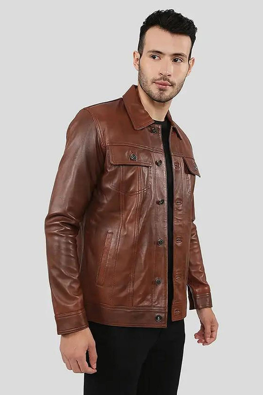 Men's Finley Brown Button-Front Trucker Leather Jacket – lookbook video