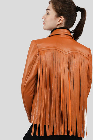 Women's Fleur Tan Biker Fringes Leather Jacket – lookbook video