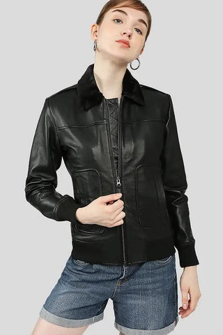 Women's Gemma Black Bomber Leather Jacket with Fur – lookbook video