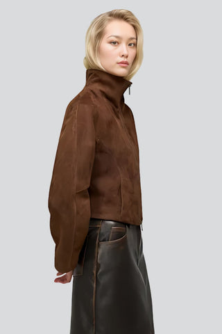 Women's Gladys Brown Suede-Style Zip-Up Leather Jacket with High Neck Collar – lookbook video