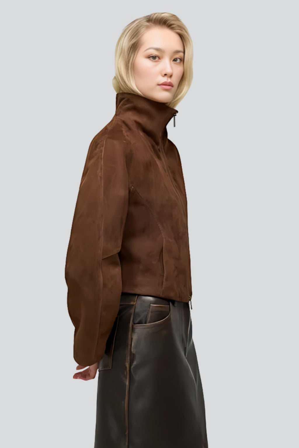 Women's Gladys Brown Suede-Style Zip-Up Leather Jacket with High Neck Collar – lookbook video