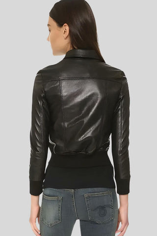 Women's Halle Black Bomber Leather Jacket – lookbook video
