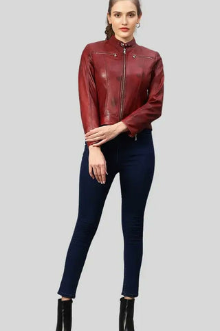 Women's Hazal Red Racer Leather Jacket – lookbook video