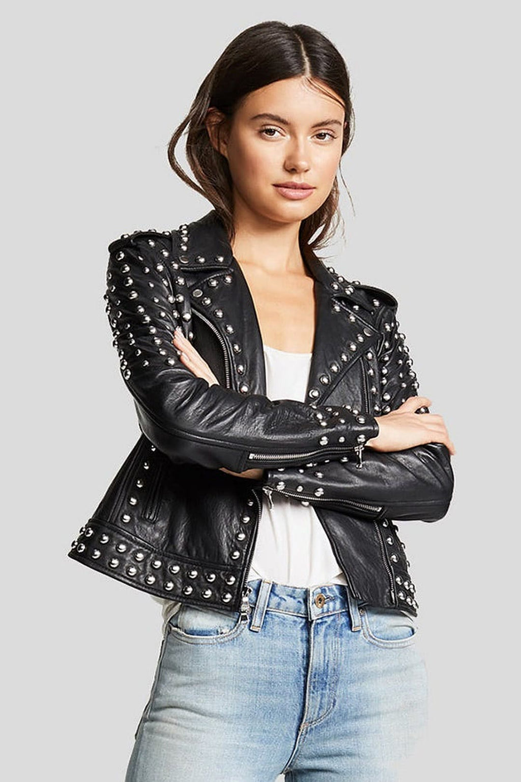 Women's Hazel Black Studded Leather Jacket – lookbook video